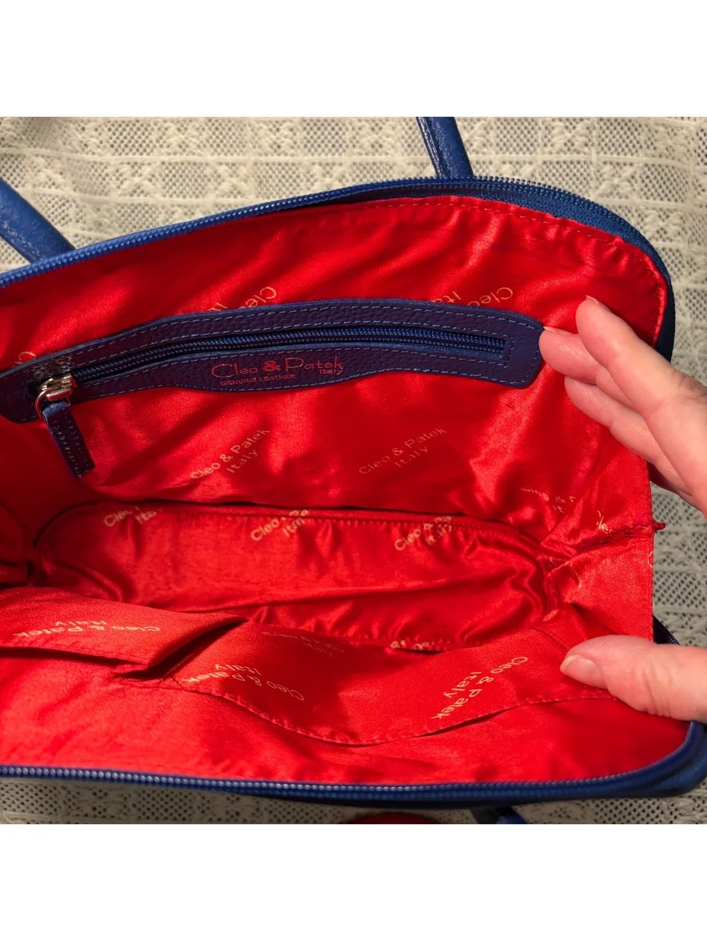 NWT (torn) Cleo & Patek Paris Leather Blue Shoulder Bag Vibrant Red Interior